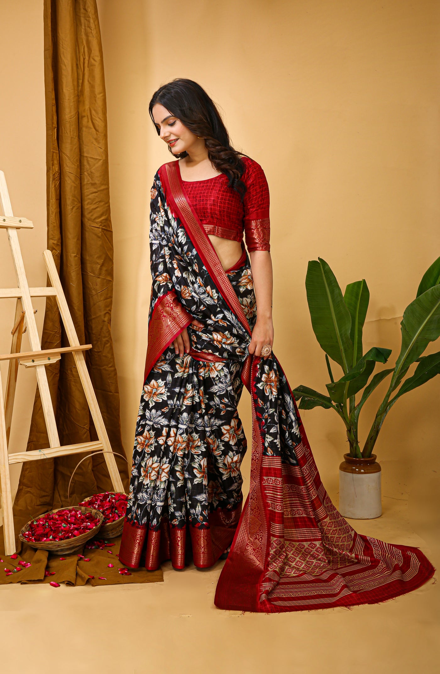 Beautiful Kalamkari Print Navy Blue Cotton Saree With Printed Blouse.