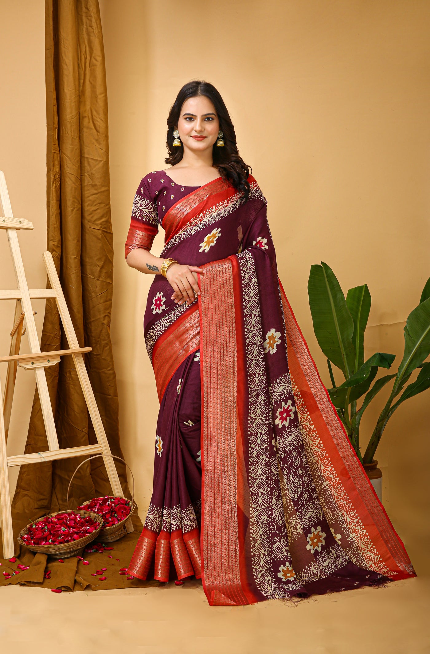 Elegant Kalamkari Print Maroon Cotton Saree With Printed Blouse.