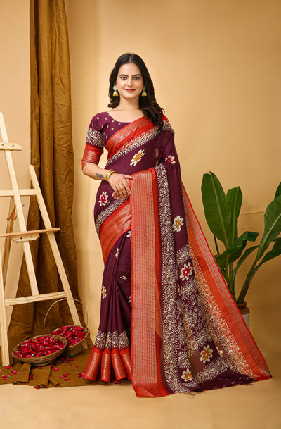 Elegant Kalamkari Print Maroon Cotton Saree With Printed Blouse.