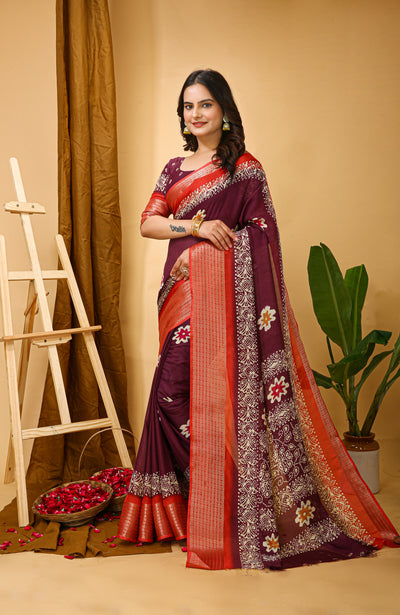 Elegant Kalamkari Print Maroon Cotton Saree With Printed Blouse.