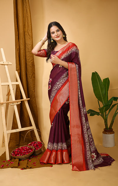 Elegant Kalamkari Print Maroon Cotton Saree With Printed Blouse.