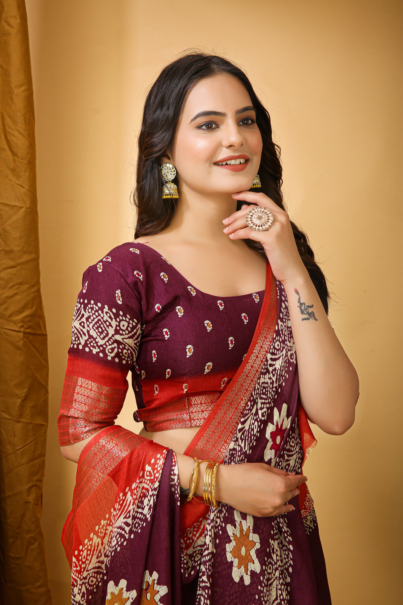Elegant Kalamkari Print Maroon Cotton Saree With Printed Blouse.