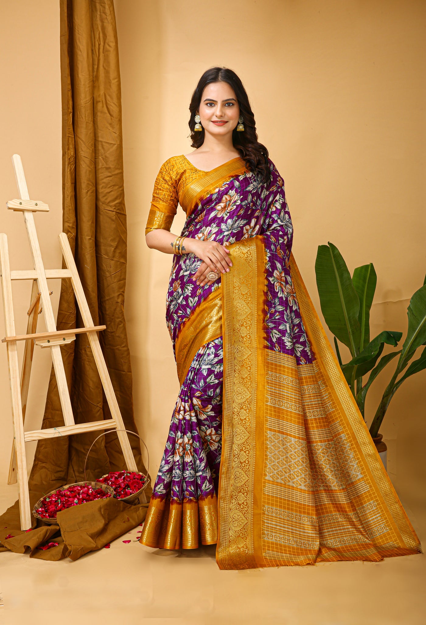 Beautiful Kalamkari Print Purple Cotton Saree With Printed Blouse