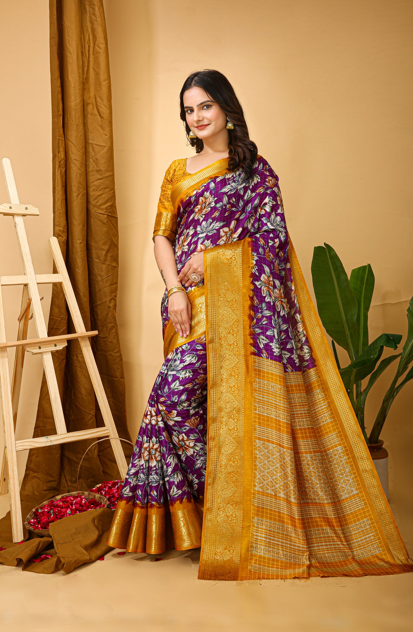 Beautiful Kalamkari Print Purple Cotton Saree With Printed Blouse
