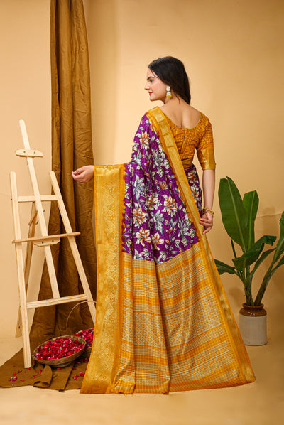 Beautiful Kalamkari Print Purple Cotton Saree With Printed Blouse