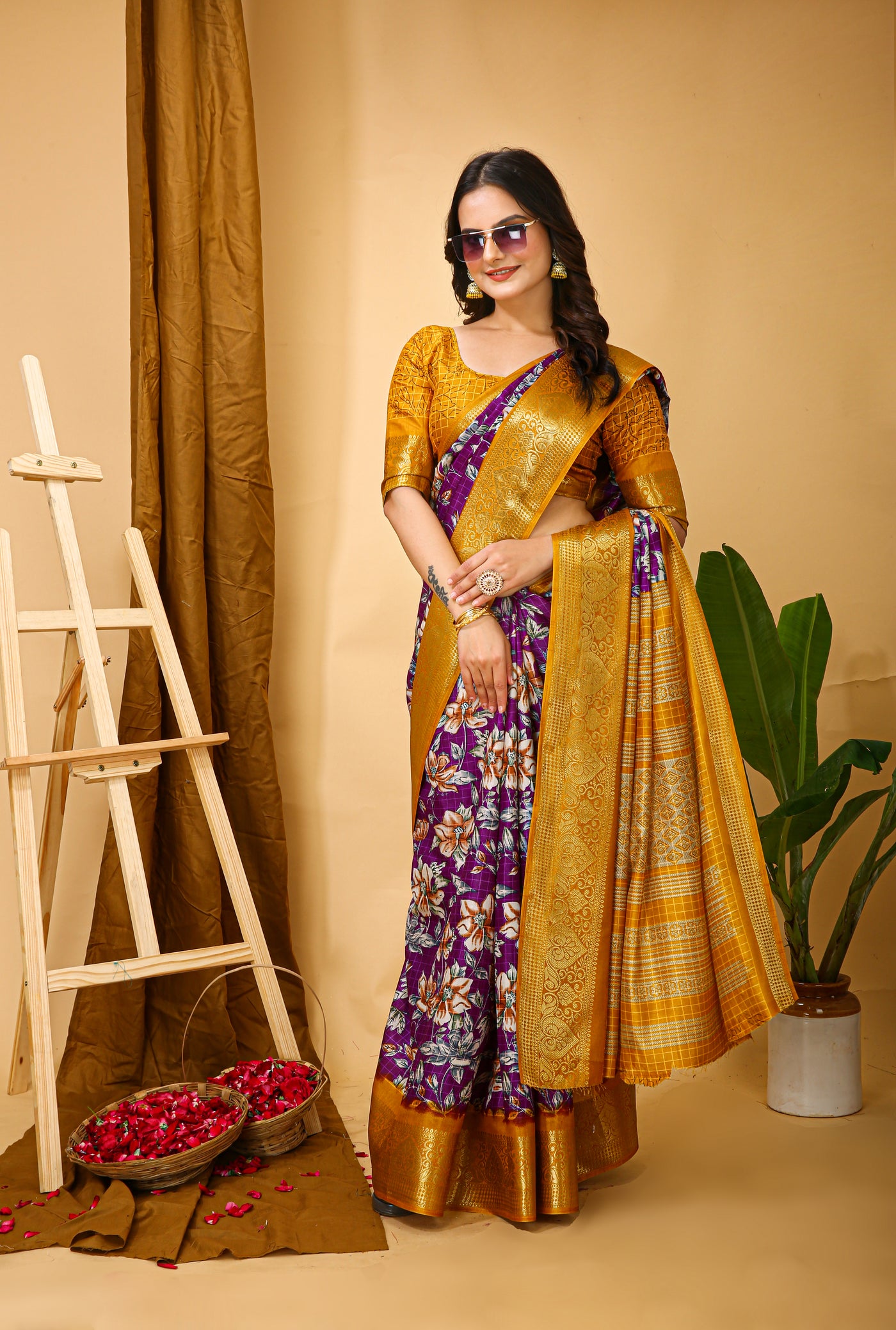 Beautiful Kalamkari Print Purple Cotton Saree With Printed Blouse