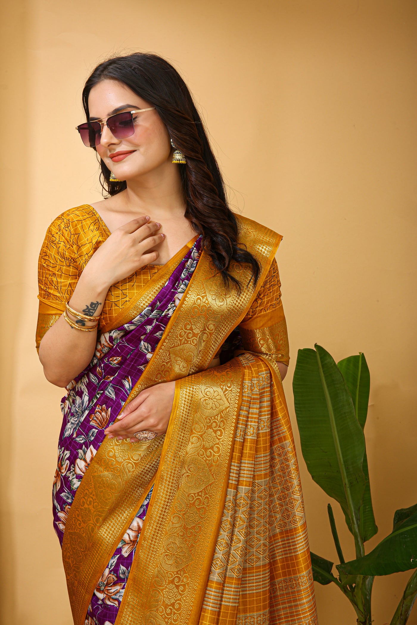 Beautiful Kalamkari Print Purple Cotton Saree With Printed Blouse