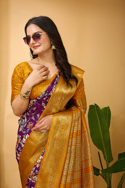 Beautiful Kalamkari Print Purple Cotton Saree With Printed Blouse
