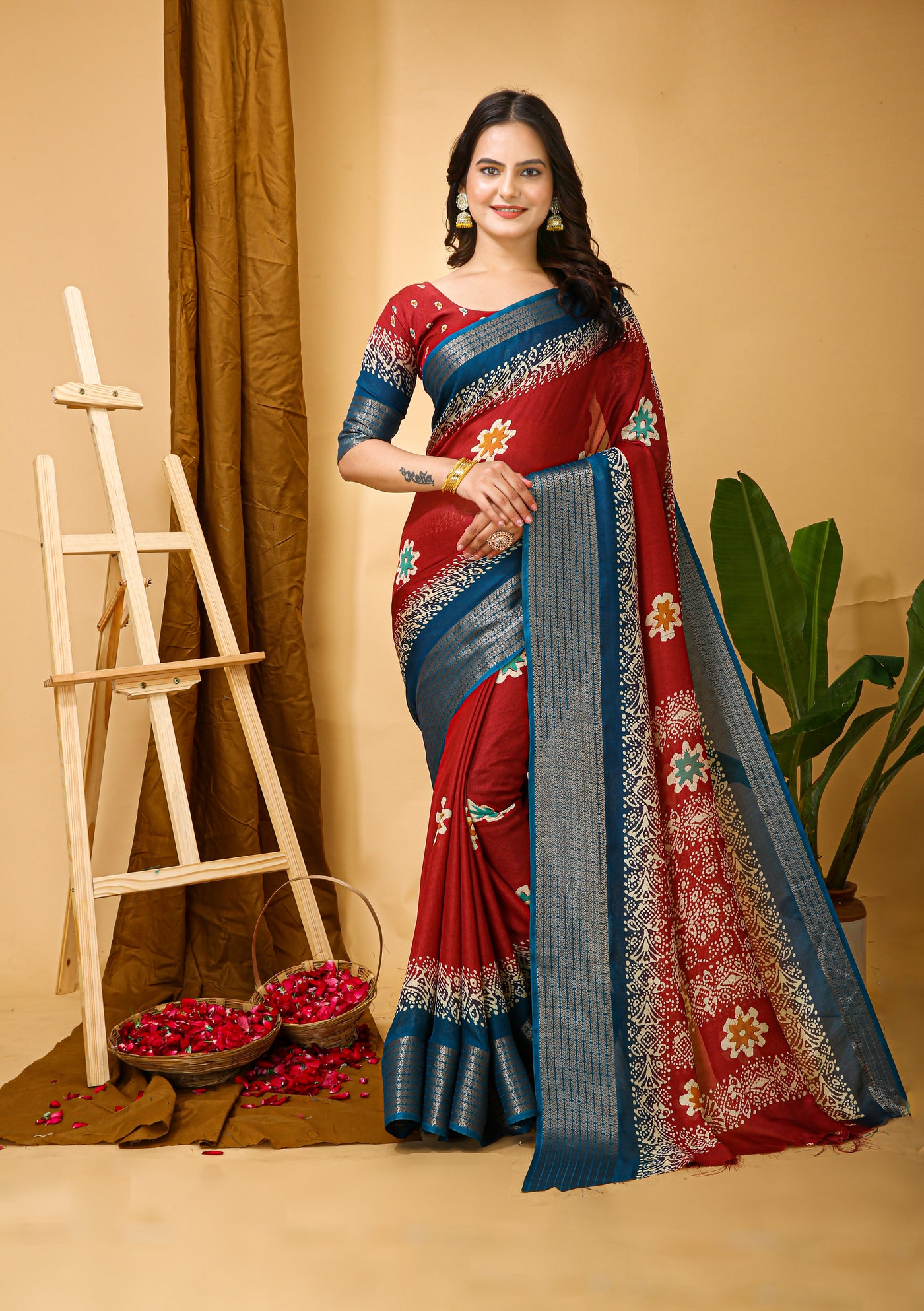 Elegant Kalamkari Print Red Cotton Saree With Printed Blouse.