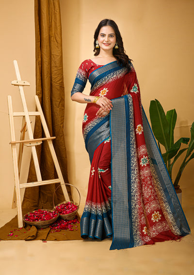 Elegant Kalamkari Print Red Cotton Saree With Printed Blouse.