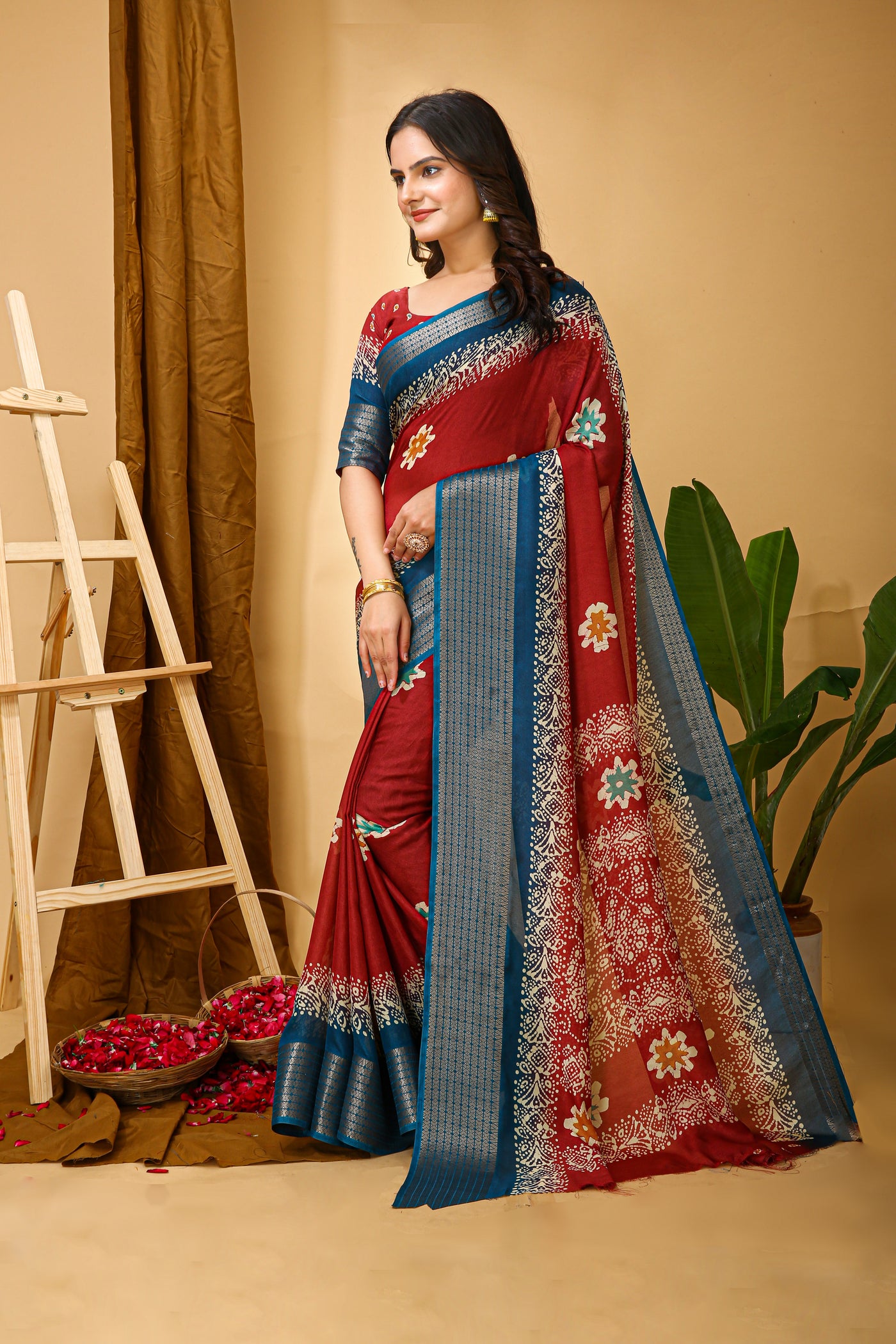 Elegant Kalamkari Print Red Cotton Saree With Printed Blouse.