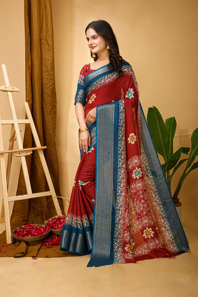 Elegant Kalamkari Print Red Cotton Saree With Printed Blouse.