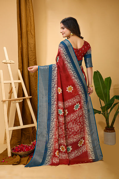 Elegant Kalamkari Print Red Cotton Saree With Printed Blouse.
