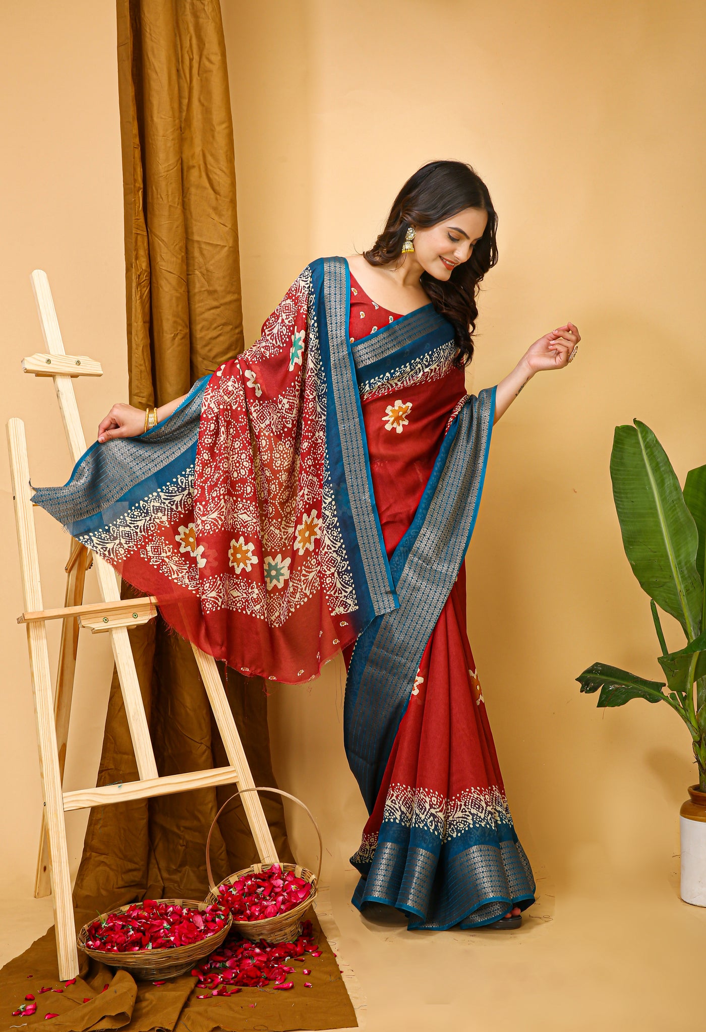 Elegant Kalamkari Print Red Cotton Saree With Printed Blouse.