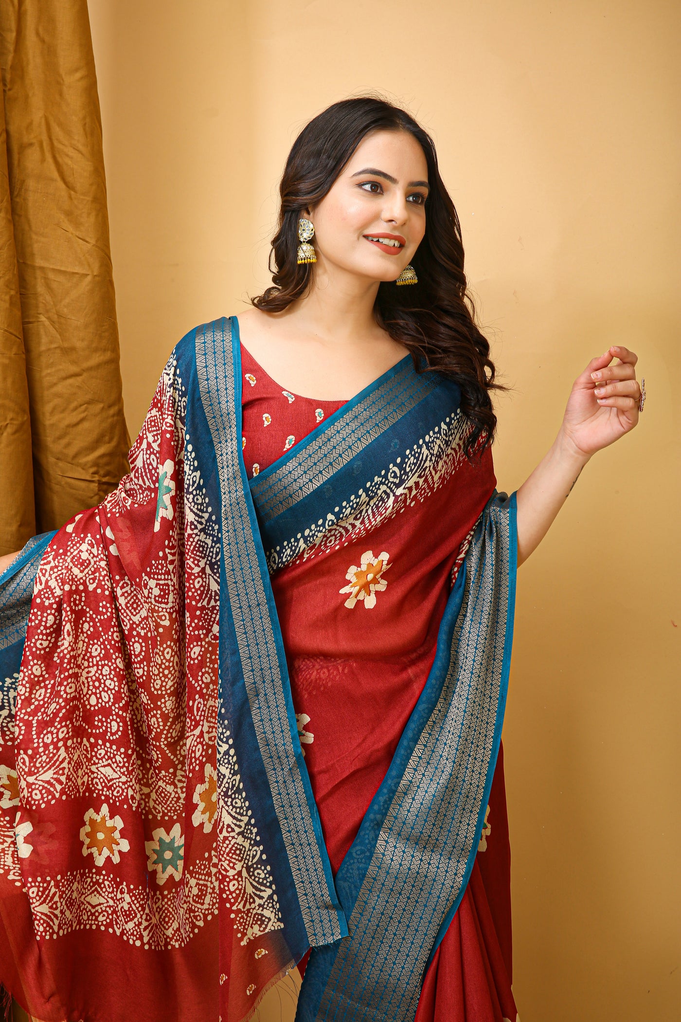 Elegant Kalamkari Print Red Cotton Saree With Printed Blouse.