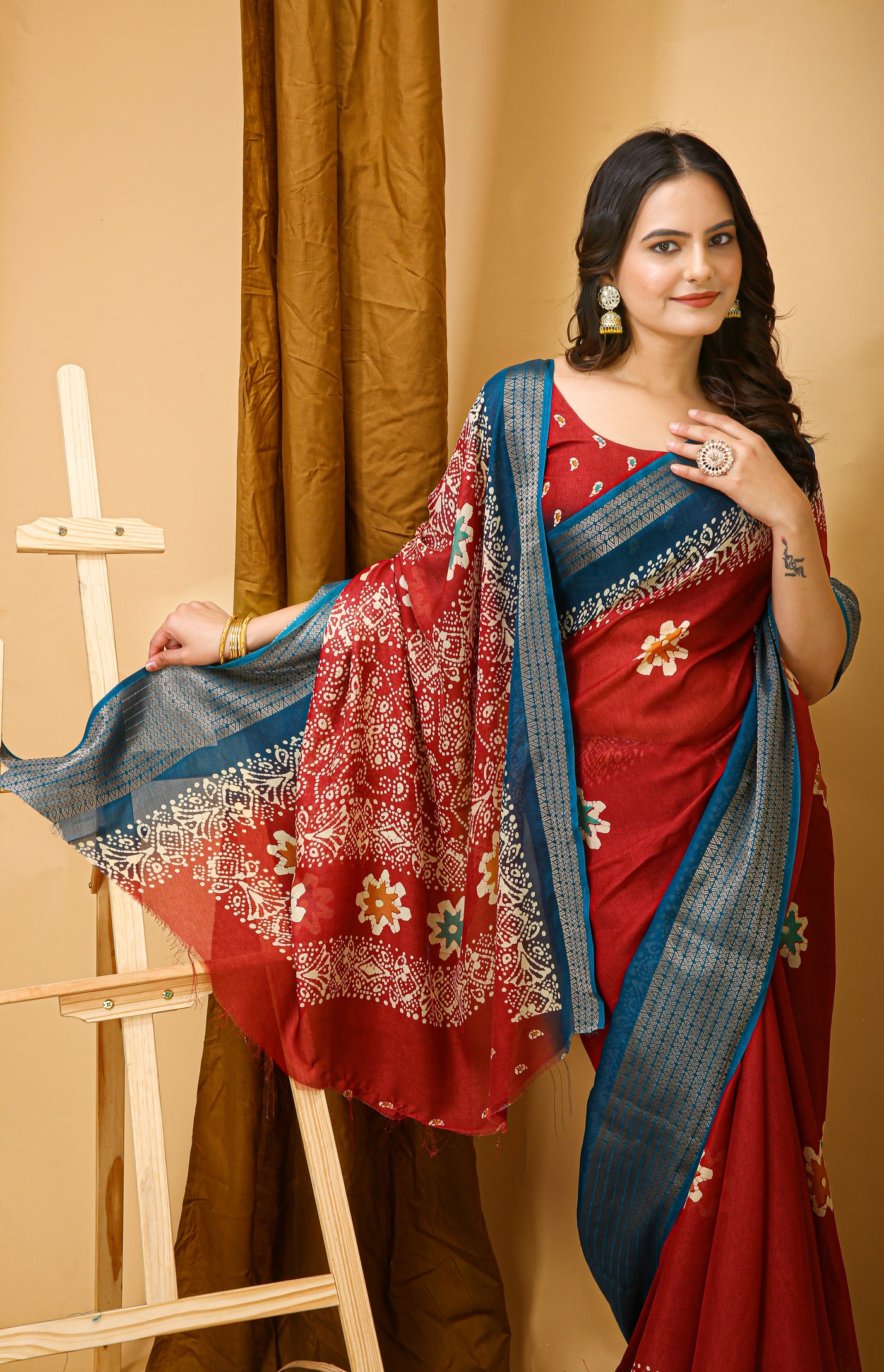 Elegant Kalamkari Print Red Cotton Saree With Printed Blouse.