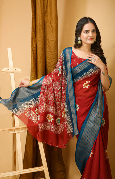 Elegant Kalamkari Print Red Cotton Saree With Printed Blouse.