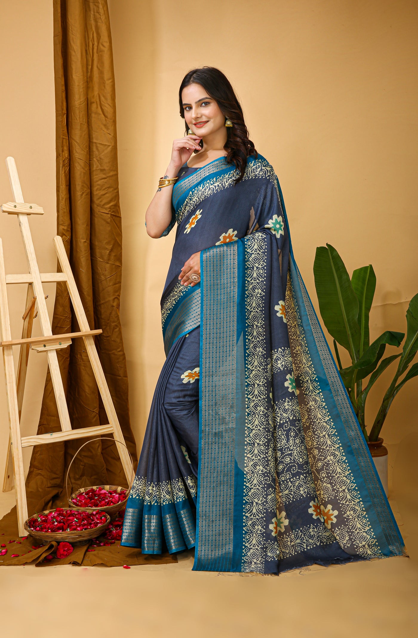 Elegant Kalamkari Print Navy Blue Cotton Saree With Printed Blouse.