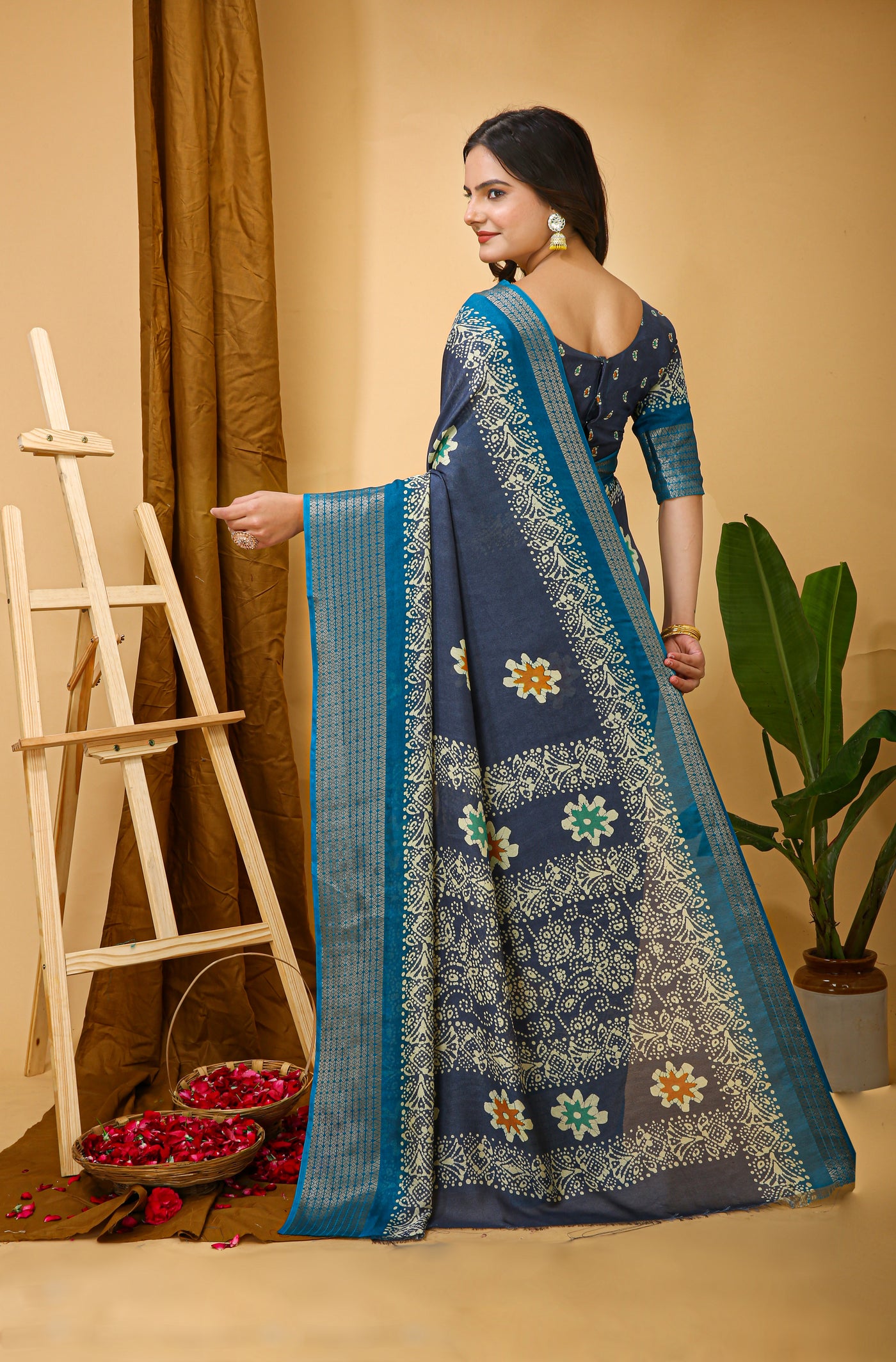 Elegant Kalamkari Print Navy Blue Cotton Saree With Printed Blouse.