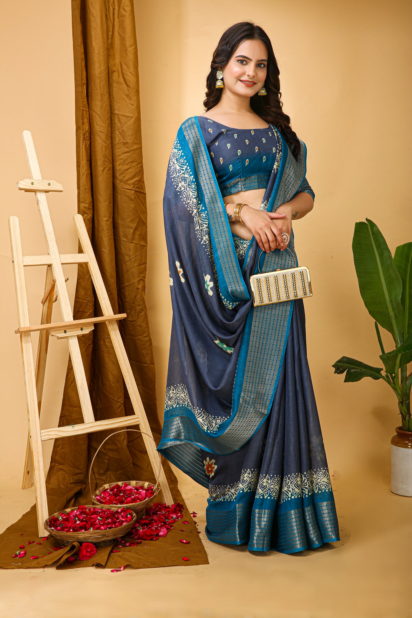 Elegant Kalamkari Print Navy Blue Cotton Saree With Printed Blouse.