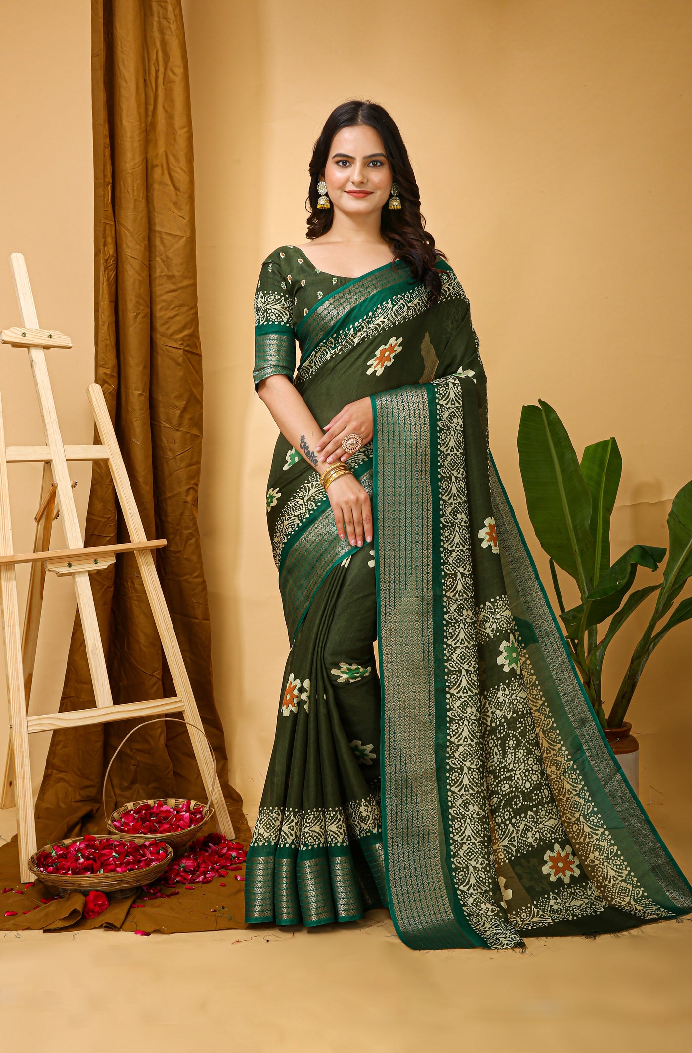 Elegant Kalamkari Print Dark Green Cotton Saree With Printed Blouse.