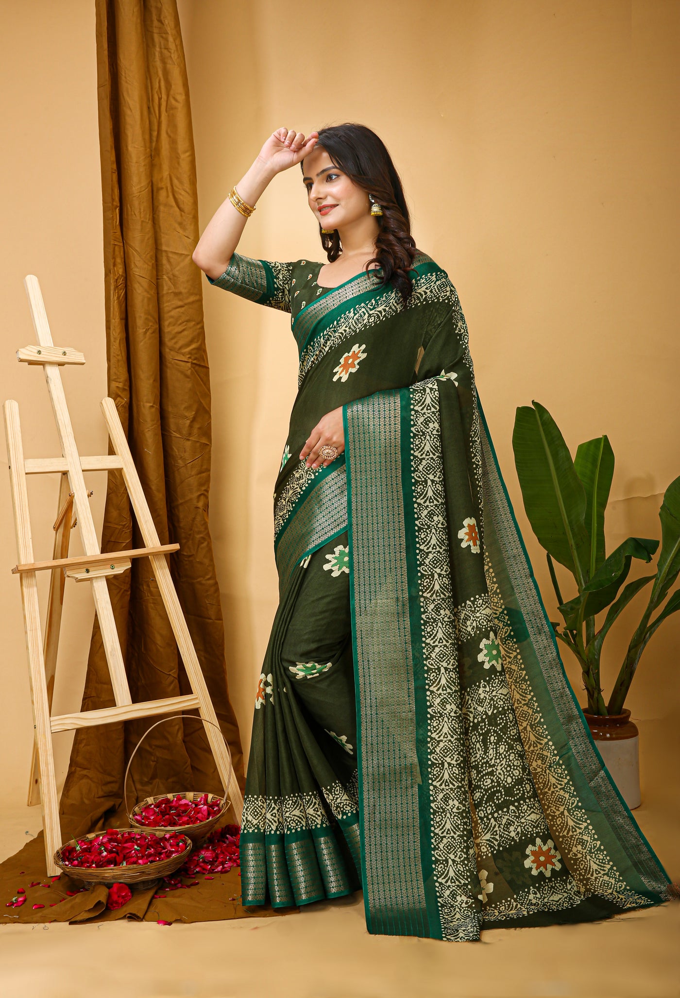 Elegant Kalamkari Print Dark Green Cotton Saree With Printed Blouse.