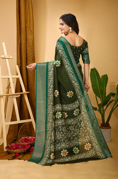 Elegant Kalamkari Print Dark Green Cotton Saree With Printed Blouse.