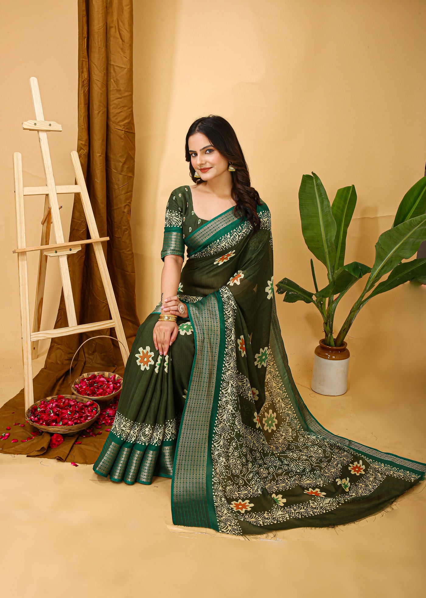 Elegant Kalamkari Print Dark Green Cotton Saree With Printed Blouse.