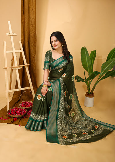 Elegant Kalamkari Print Dark Green Cotton Saree With Printed Blouse.