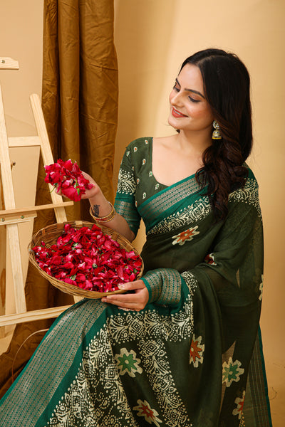 Elegant Kalamkari Print Dark Green Cotton Saree With Printed Blouse.