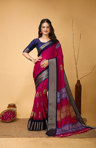 Beautiful Kalamkari Print Saree With Jacquard Zari Border With Printed Blouse