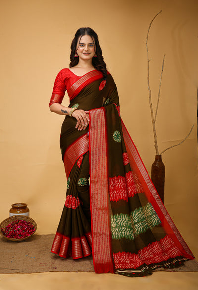 Beautiful Kalamkari Print Saree With Jacquard Zari Border With Printed Blouse