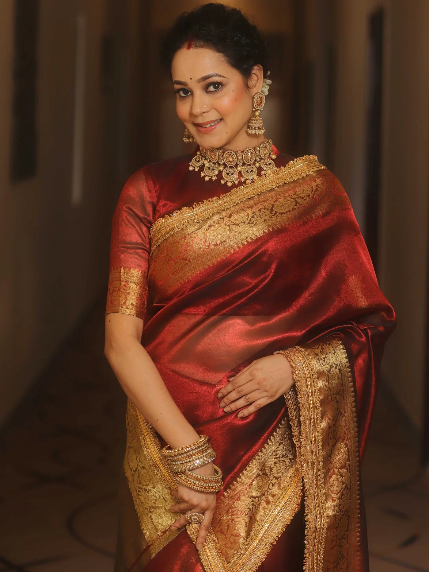 Beautiful Zari Border Tissue Silk Red Saree With Unstitched Blouse