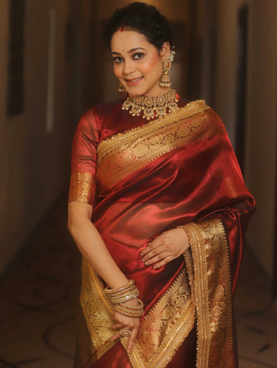 Beautiful Zari Border Tissue Silk Red Saree With Unstitched Blouse
