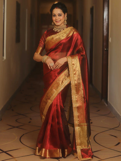 Beautiful Zari Border Tissue Silk Red Saree With Unstitched Blouse