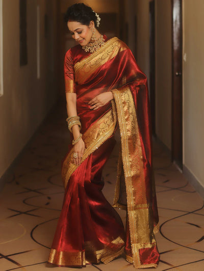 Beautiful Zari Border Tissue Silk Red Saree With Unstitched Blouse