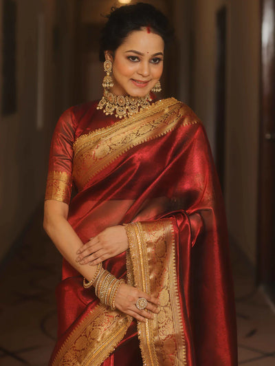 Beautiful Zari Border Tissue Silk Red Saree With Unstitched Blouse