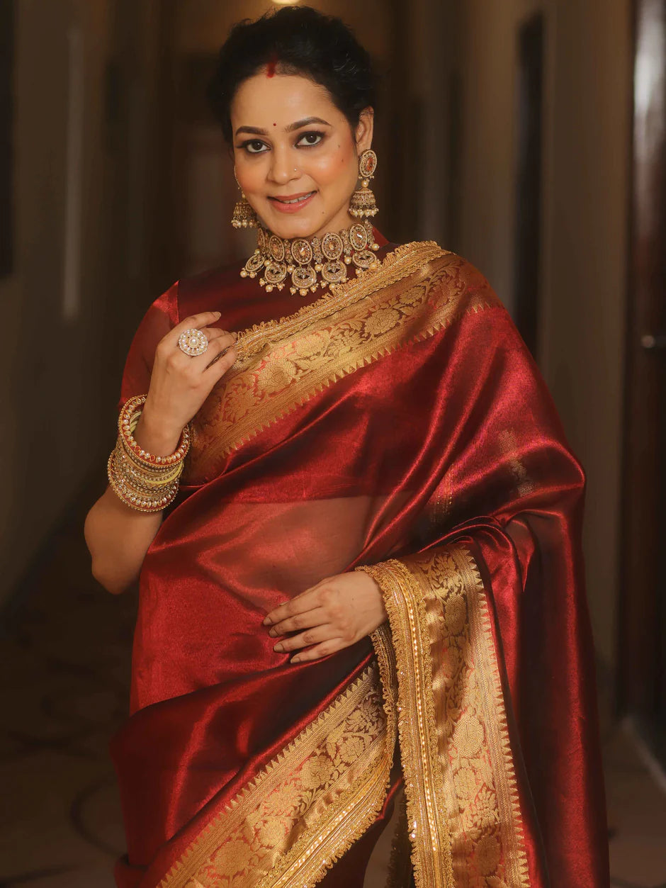 Beautiful Zari Border Tissue Silk Red Saree With Unstitched Blouse