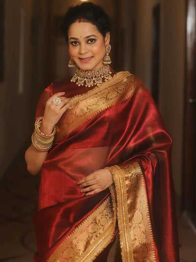 Beautiful Zari Border Tissue Silk Red Saree With Unstitched Blouse