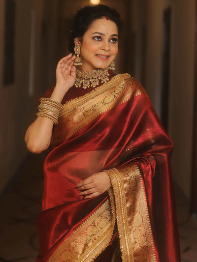 Beautiful Zari Border Tissue Silk Red Saree With Unstitched Blouse