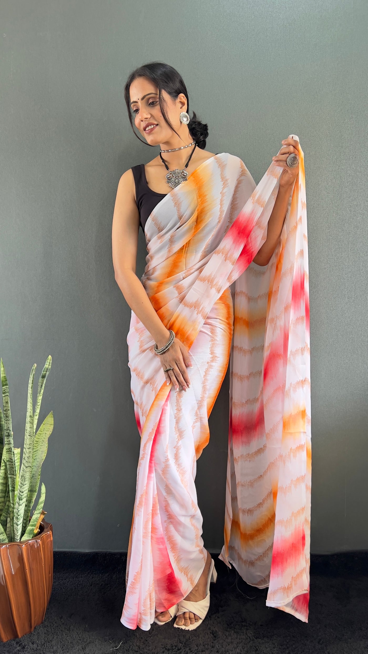 Beautiful 1 Min Ready To Wear Georgette Red Saree With Banglori Satin Blouse