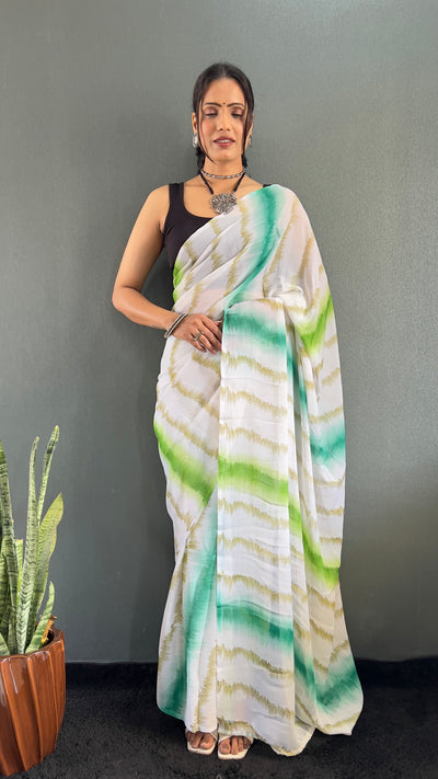 Beautiful 1 Min Ready To Wear Georgette Green Saree With Banglori Satin Blouse