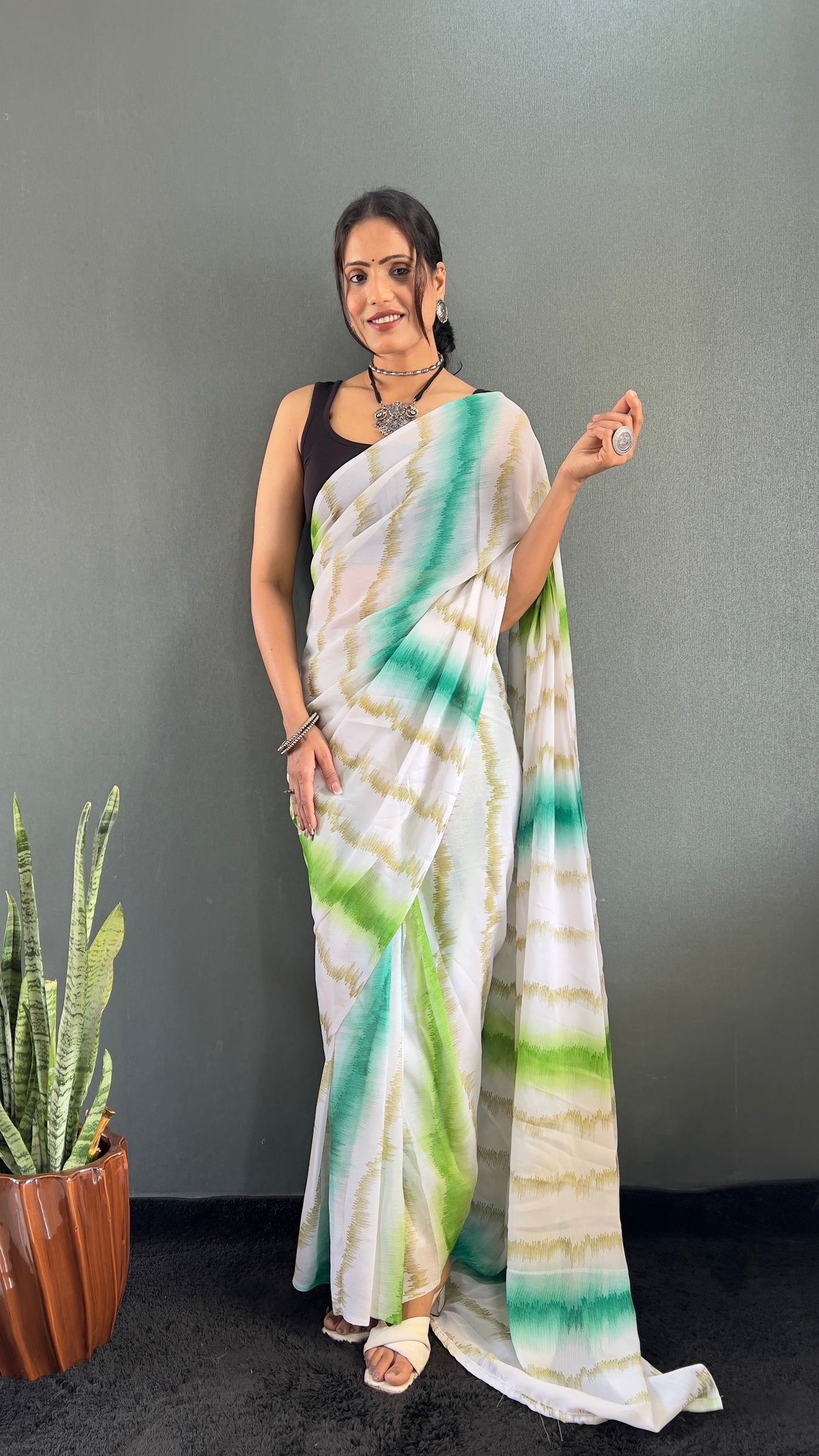 Beautiful 1 Min Ready To Wear Georgette Green Saree With Banglori Satin Blouse