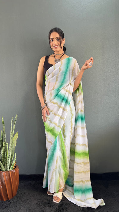 Beautiful 1 Min Ready To Wear Georgette Green Saree With Banglori Satin Blouse