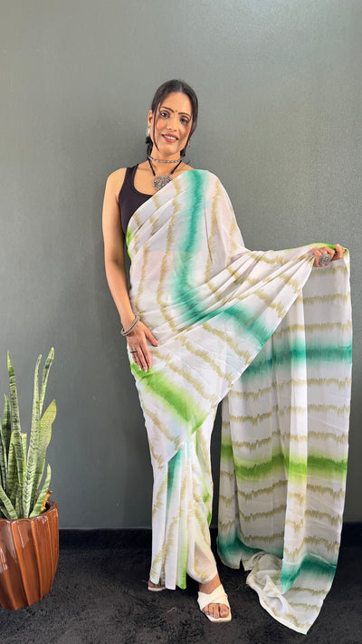 Beautiful 1 Min Ready To Wear Georgette Green Saree With Banglori Satin Blouse