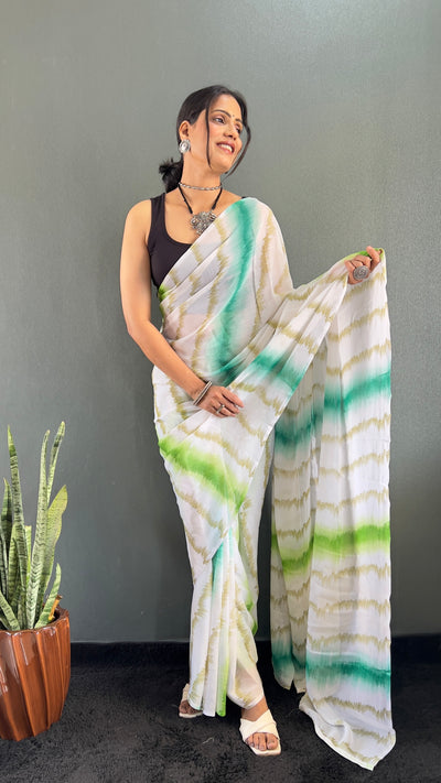 Beautiful 1 Min Ready To Wear Georgette Green Saree With Banglori Satin Blouse