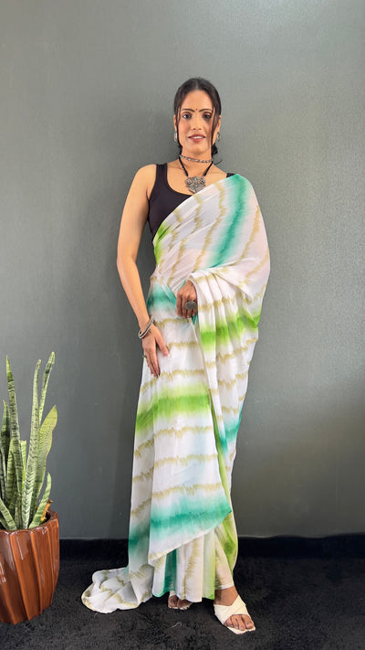 Beautiful 1 Min Ready To Wear Georgette Green Saree With Banglori Satin Blouse