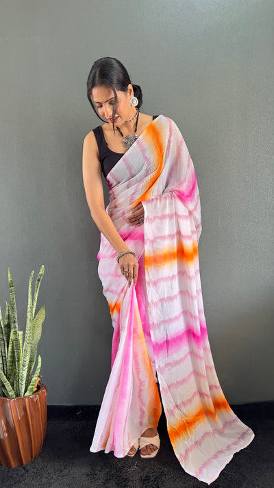 Beautiful 1 Min Ready To Wear Georgette Pink Saree With Banglori Satin Blouse