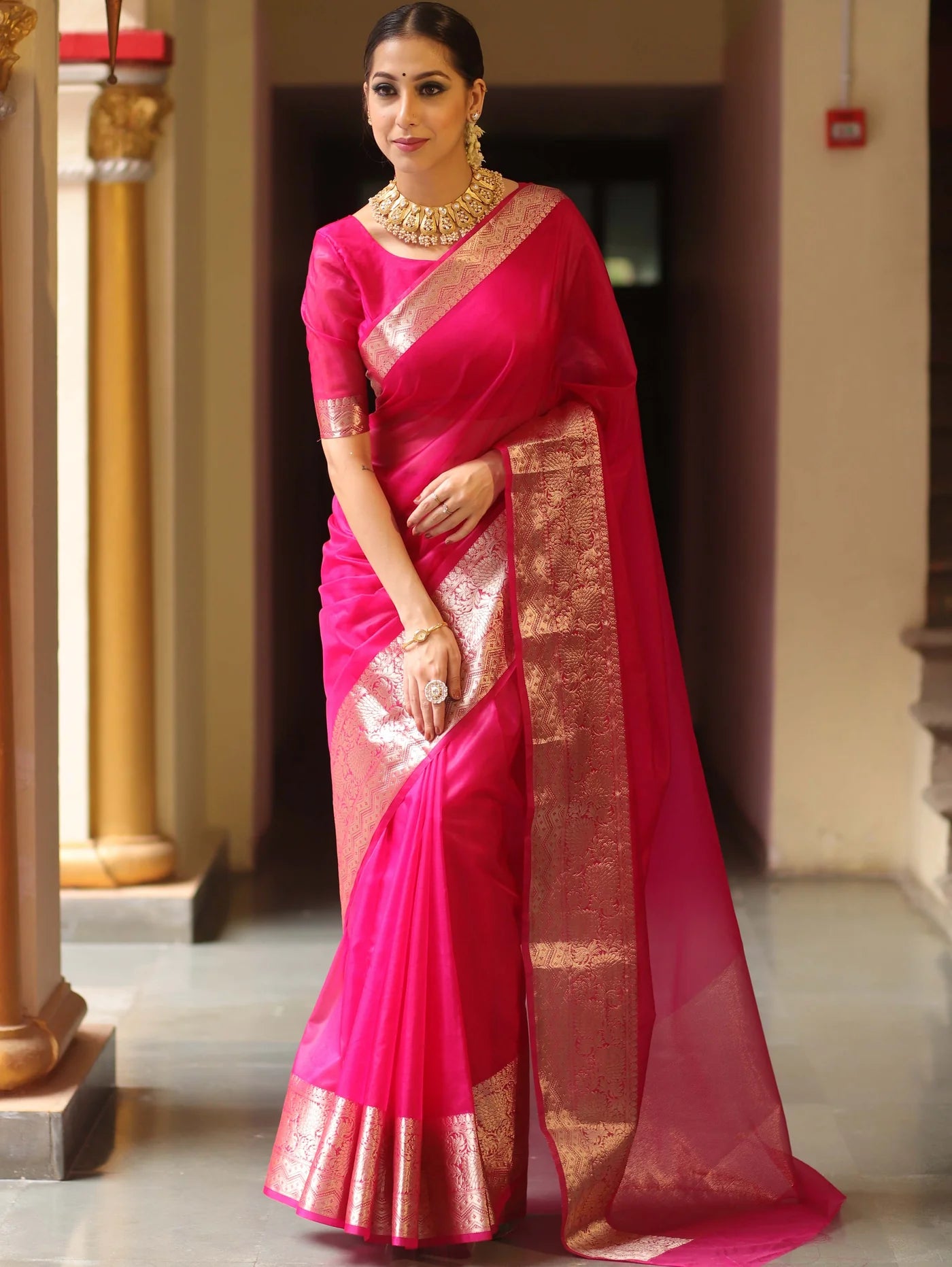 Beautiful Organza jacquard Red Saree With Raw Silk Blouse