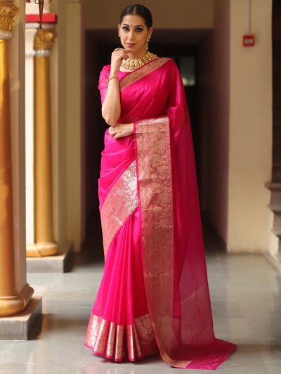 Beautiful Organza jacquard Red Saree With Raw Silk Blouse